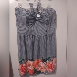 No Boundaries Black and White Striped Mini Dress with Floral Design